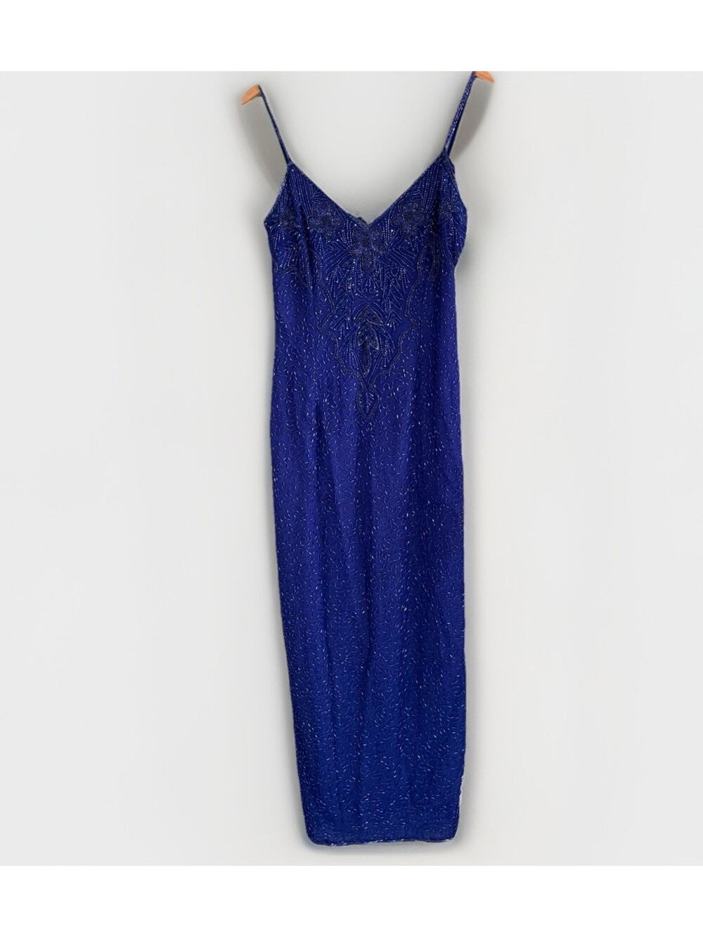 Vtg Scala 100% Silk Long Blue Beaded Gown DAMAGED 90s Y2K Zip Back Slit Size 10